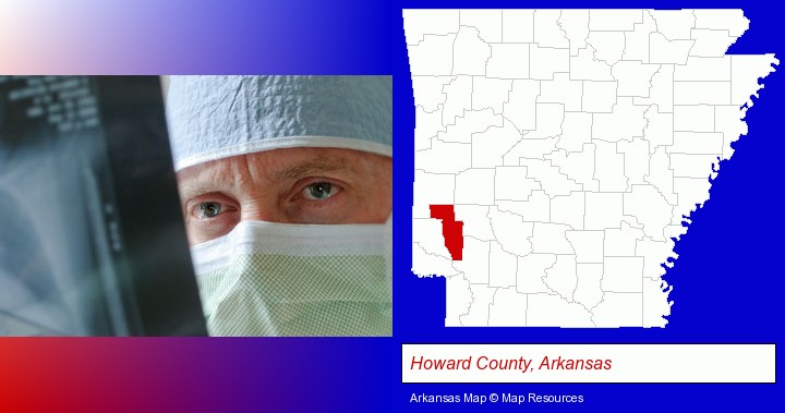a physician viewing x-ray results; Howard County, Arkansas highlighted in red on a map