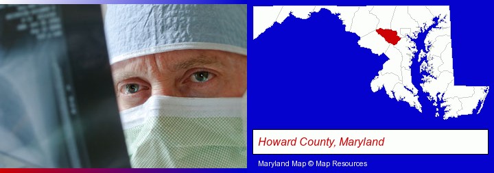 a physician viewing x-ray results; Howard County, Maryland highlighted in red on a map