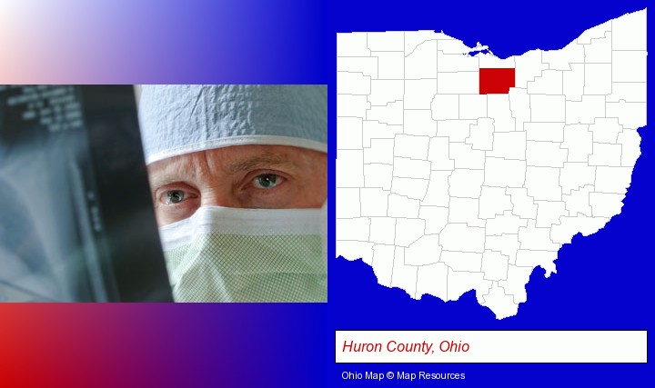 a physician viewing x-ray results; Huron County, Ohio highlighted in red on a map