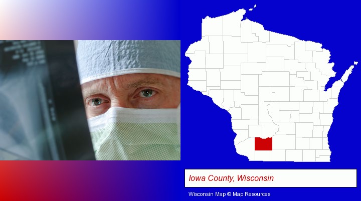 a physician viewing x-ray results; Iowa County, Wisconsin highlighted in red on a map
