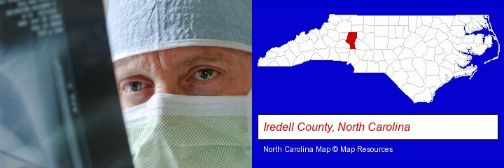 a physician viewing x-ray results; Iredell County, North Carolina highlighted in red on a map