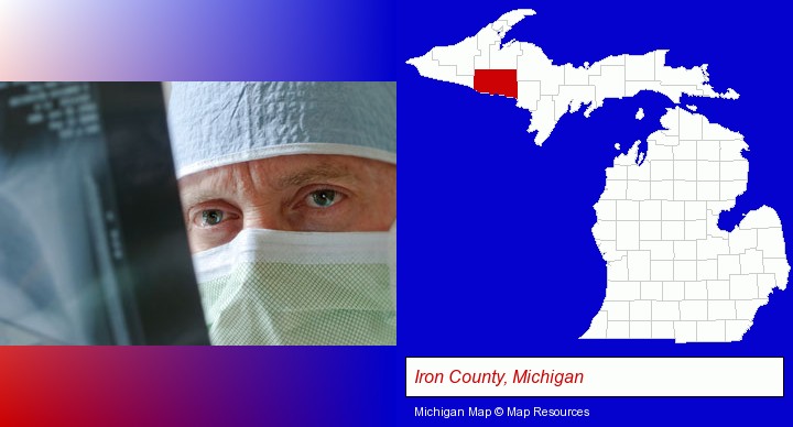 a physician viewing x-ray results; Iron County, Michigan highlighted in red on a map