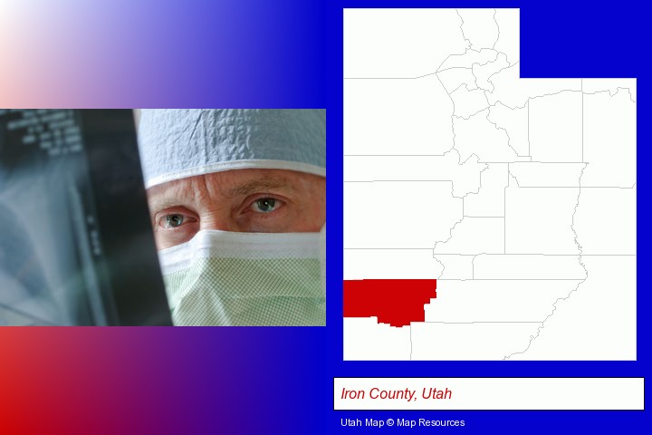 a physician viewing x-ray results; Iron County, Utah highlighted in red on a map