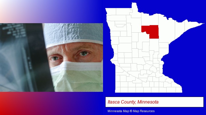 a physician viewing x-ray results; Itasca County, Minnesota highlighted in red on a map