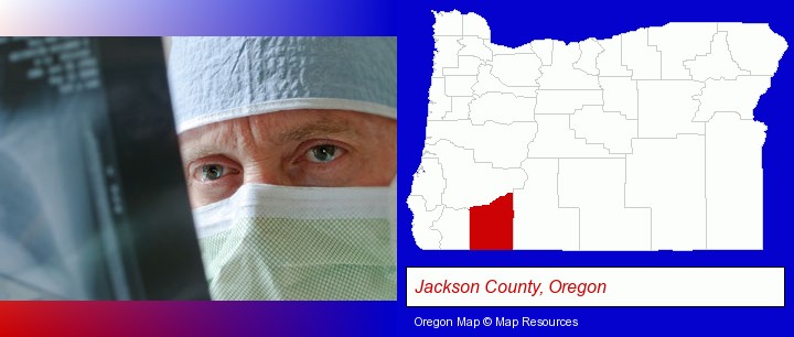 a physician viewing x-ray results; Jackson County, Oregon highlighted in red on a map