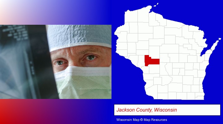 a physician viewing x-ray results; Jackson County, Wisconsin highlighted in red on a map