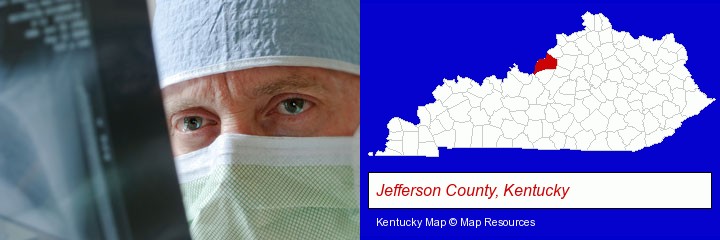 a physician viewing x-ray results; Jefferson County, Kentucky highlighted in red on a map