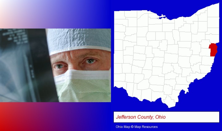 a physician viewing x-ray results; Jefferson County, Ohio highlighted in red on a map