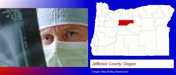 a physician viewing x-ray results; Jefferson County, Oregon highlighted in red on a map