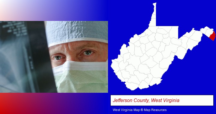 a physician viewing x-ray results; Jefferson County, West Virginia highlighted in red on a map