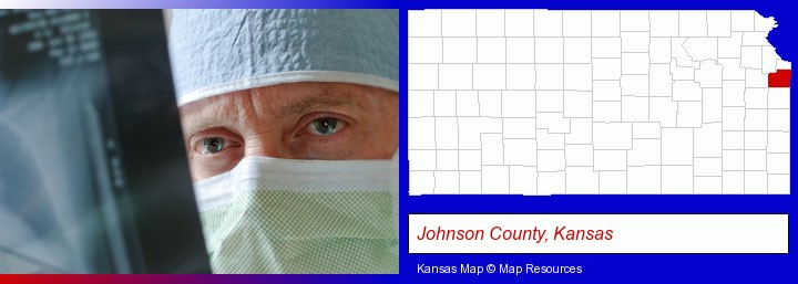a physician viewing x-ray results; Johnson County, Kansas highlighted in red on a map