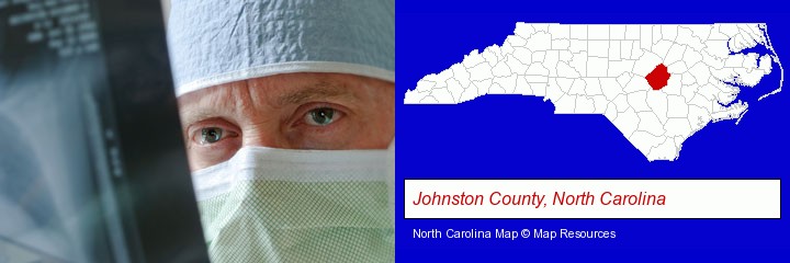 a physician viewing x-ray results; Johnston County, North Carolina highlighted in red on a map