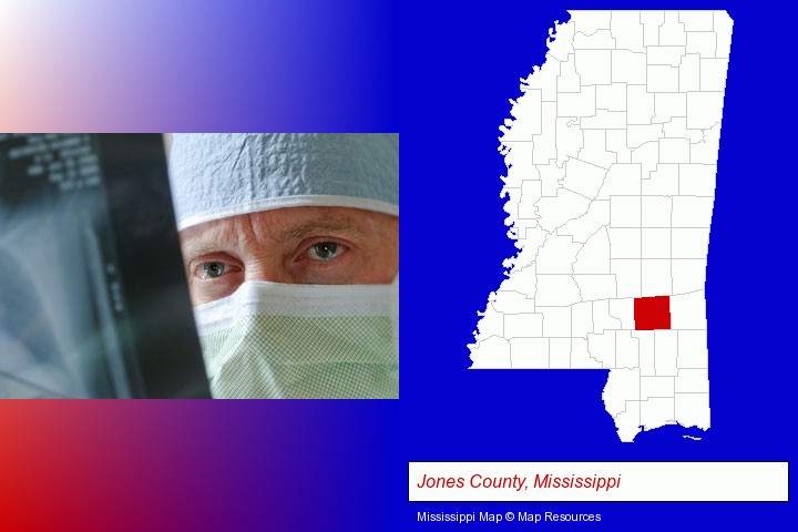 a physician viewing x-ray results; Jones County, Mississippi highlighted in red on a map