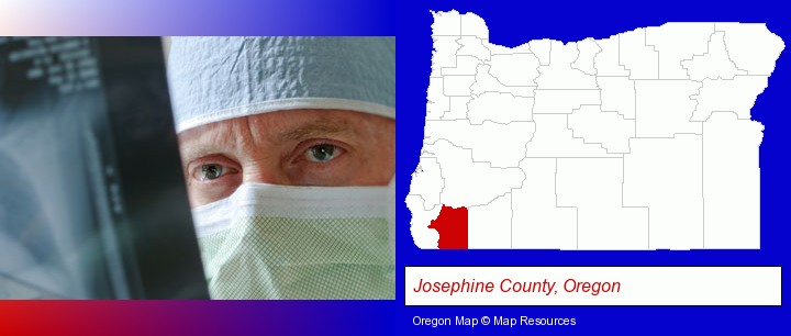 a physician viewing x-ray results; Josephine County, Oregon highlighted in red on a map
