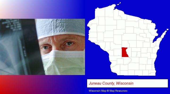a physician viewing x-ray results; Juneau County, Wisconsin highlighted in red on a map