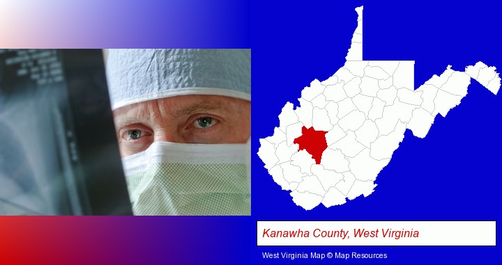 a physician viewing x-ray results; Kanawha County, West Virginia highlighted in red on a map