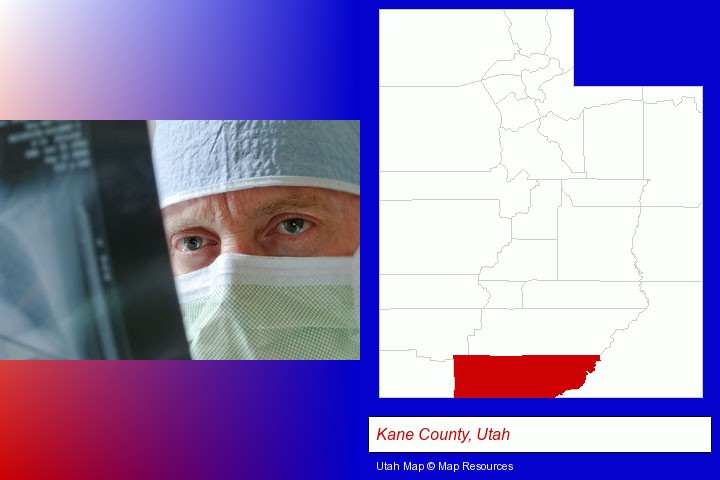 a physician viewing x-ray results; Kane County, Utah highlighted in red on a map