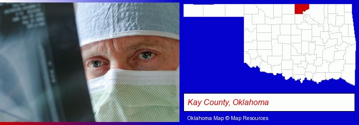 a physician viewing x-ray results; Kay County, Oklahoma highlighted in red on a map
