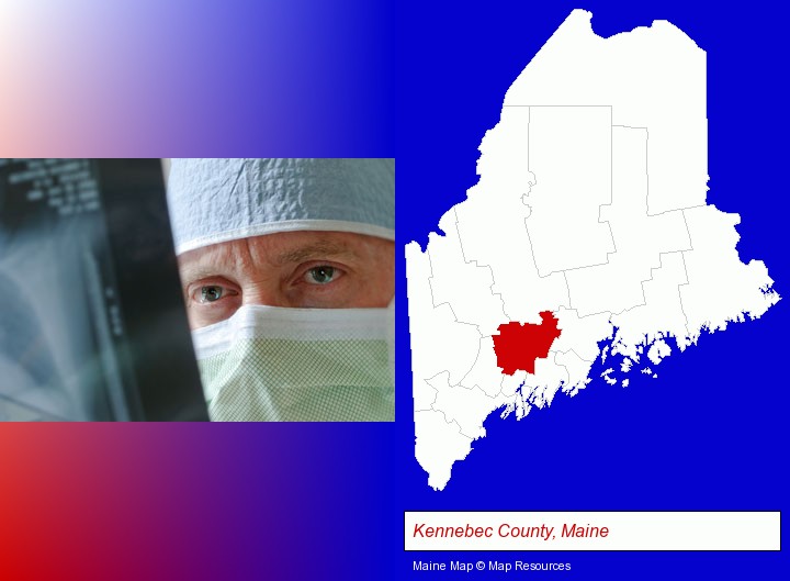 a physician viewing x-ray results; Kennebec County, Maine highlighted in red on a map