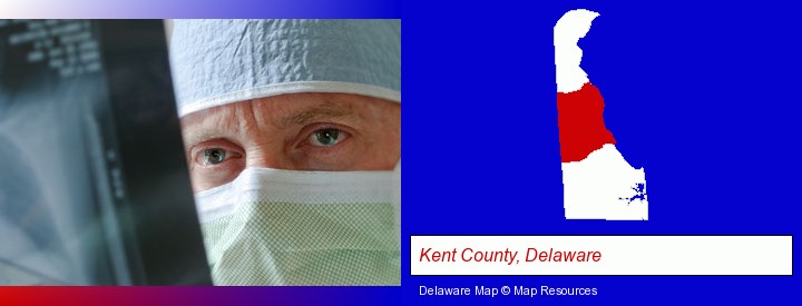 a physician viewing x-ray results; Kent County, Delaware highlighted in red on a map