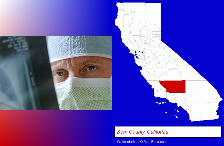 a physician viewing x-ray results; Kern County, California highlighted in red on a map