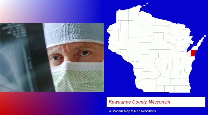 a physician viewing x-ray results; Kewaunee County, Wisconsin highlighted in red on a map