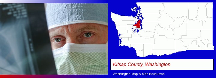 a physician viewing x-ray results; Kitsap County, Washington highlighted in red on a map