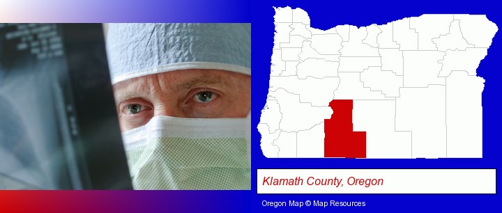 a physician viewing x-ray results; Klamath County, Oregon highlighted in red on a map