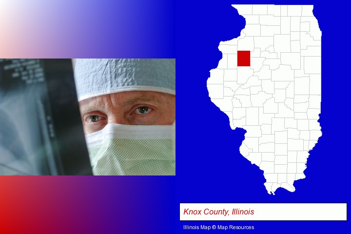 a physician viewing x-ray results; Knox County, Illinois highlighted in red on a map