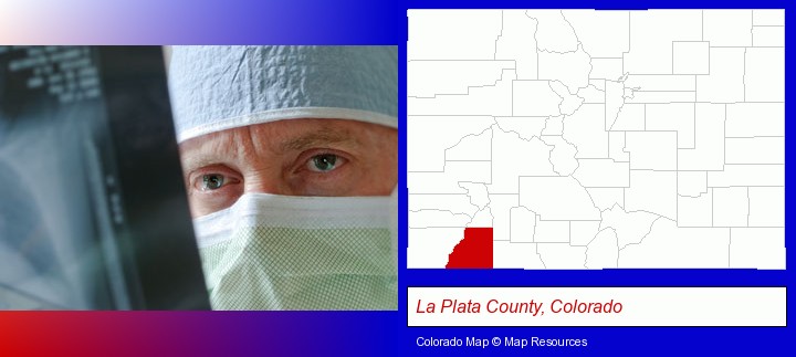 a physician viewing x-ray results; La Plata County, Colorado highlighted in red on a map