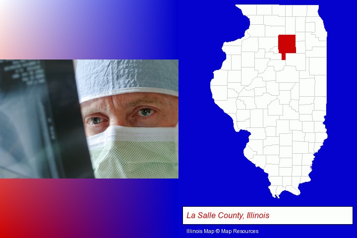 a physician viewing x-ray results; La Salle County, Illinois highlighted in red on a map