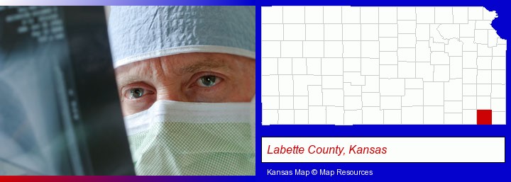 a physician viewing x-ray results; Labette County, Kansas highlighted in red on a map