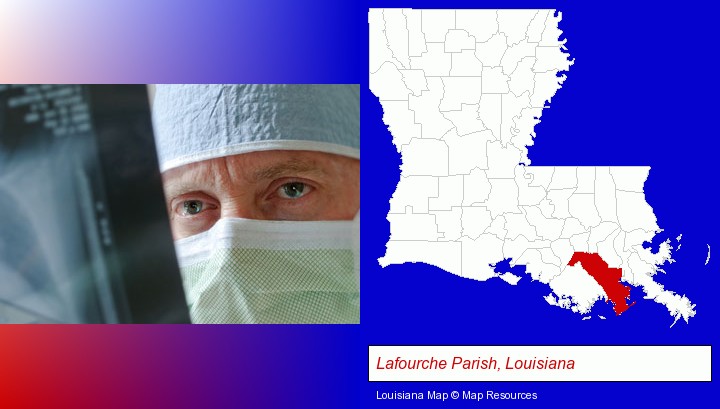 a physician viewing x-ray results; Lafourche Parish, Louisiana highlighted in red on a map