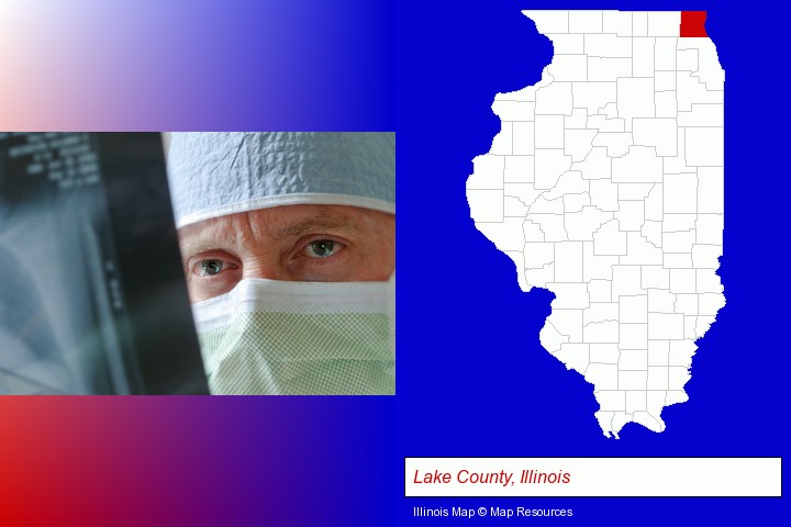 a physician viewing x-ray results; Lake County, Illinois highlighted in red on a map