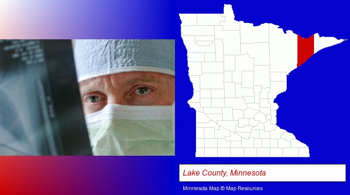 a physician viewing x-ray results; Lake County, Minnesota highlighted in red on a map