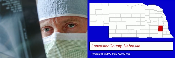 a physician viewing x-ray results; Lancaster County, Nebraska highlighted in red on a map