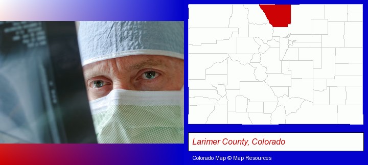 a physician viewing x-ray results; Larimer County, Colorado highlighted in red on a map
