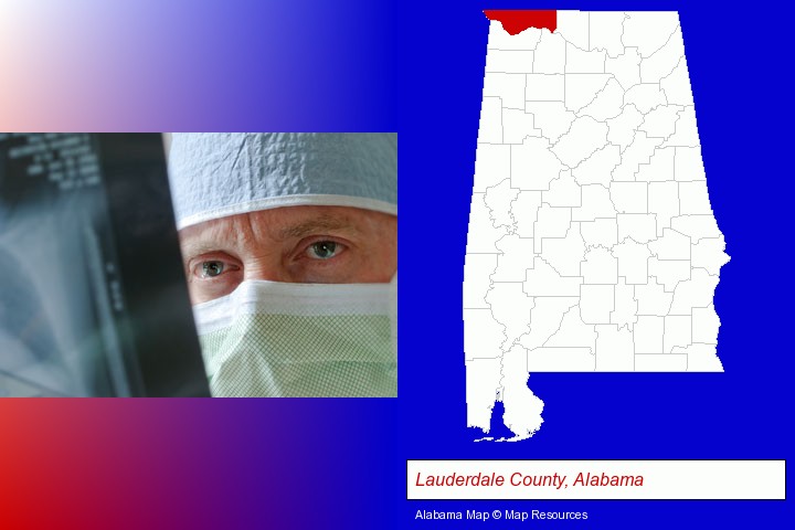 a physician viewing x-ray results; Lauderdale County, Alabama highlighted in red on a map
