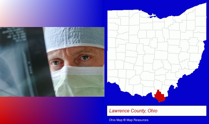 a physician viewing x-ray results; Lawrence County, Ohio highlighted in red on a map