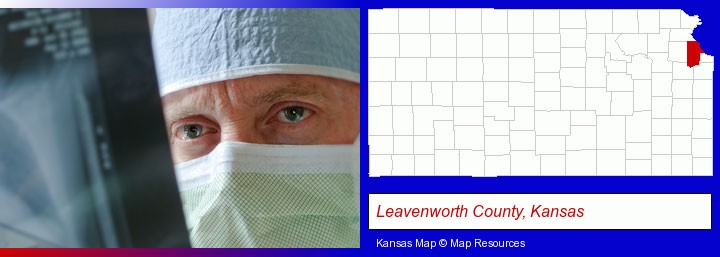 a physician viewing x-ray results; Leavenworth County, Kansas highlighted in red on a map