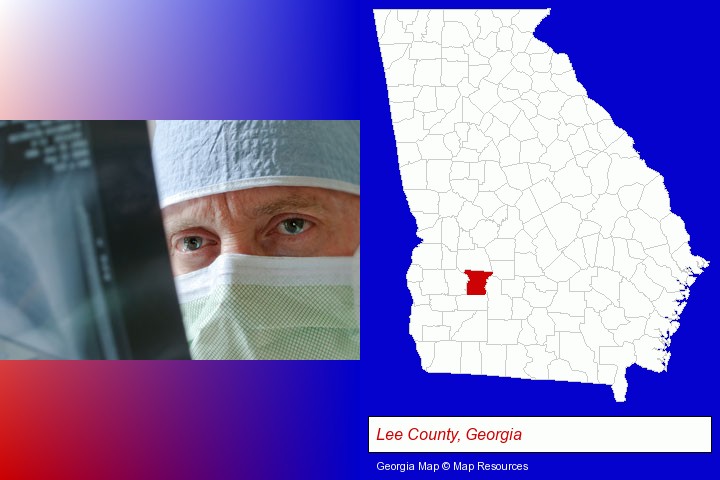 a physician viewing x-ray results; Lee County, Georgia highlighted in red on a map