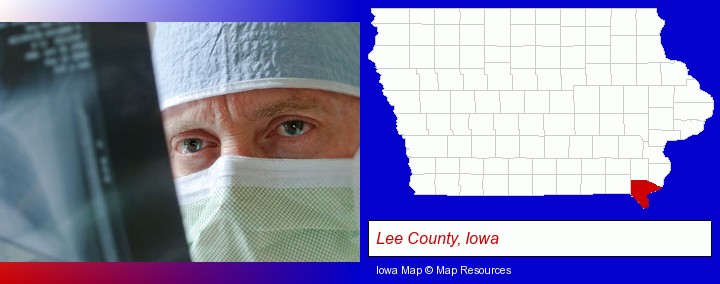 a physician viewing x-ray results; Lee County, Iowa highlighted in red on a map