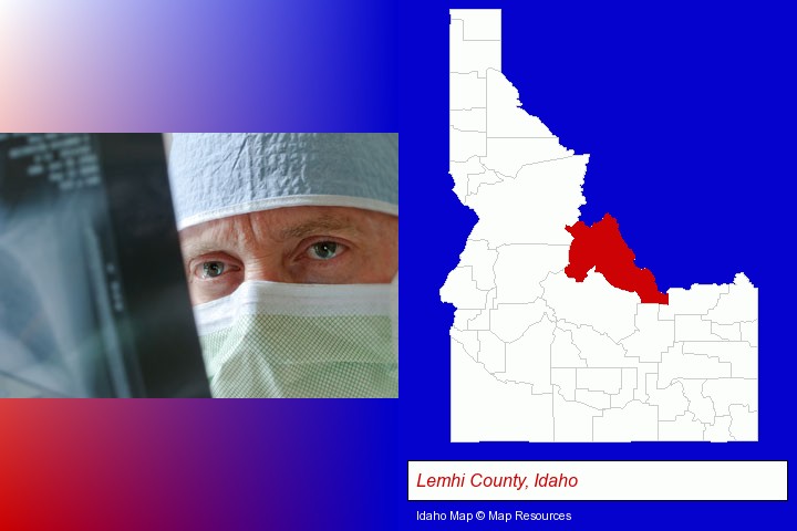 a physician viewing x-ray results; Lemhi County, Idaho highlighted in red on a map