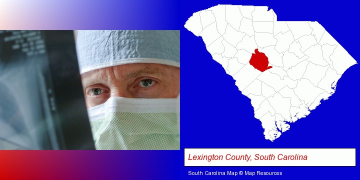 a physician viewing x-ray results; Lexington County, South Carolina highlighted in red on a map