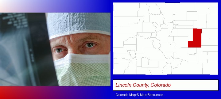 a physician viewing x-ray results; Lincoln County, Colorado highlighted in red on a map