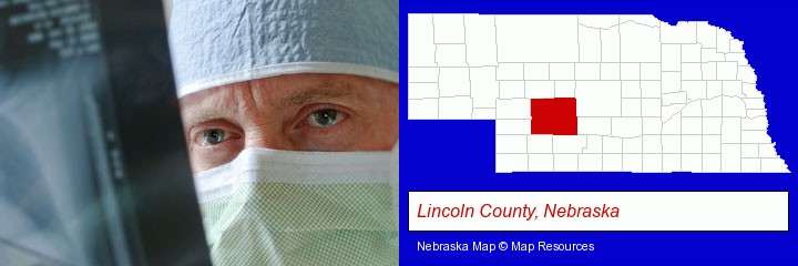 a physician viewing x-ray results; Lincoln County, Nebraska highlighted in red on a map