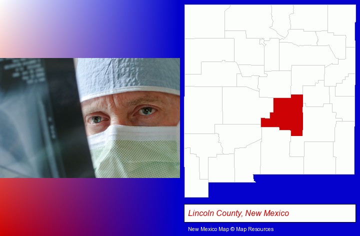 a physician viewing x-ray results; Lincoln County, New Mexico highlighted in red on a map