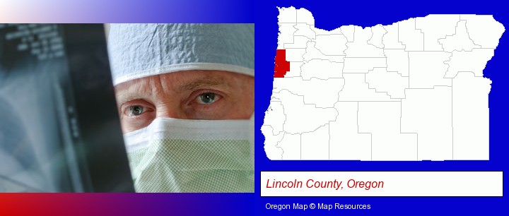 a physician viewing x-ray results; Lincoln County, Oregon highlighted in red on a map