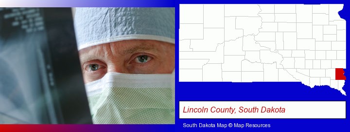a physician viewing x-ray results; Lincoln County, South Dakota highlighted in red on a map