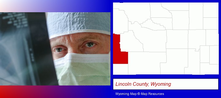 a physician viewing x-ray results; Lincoln County, Wyoming highlighted in red on a map